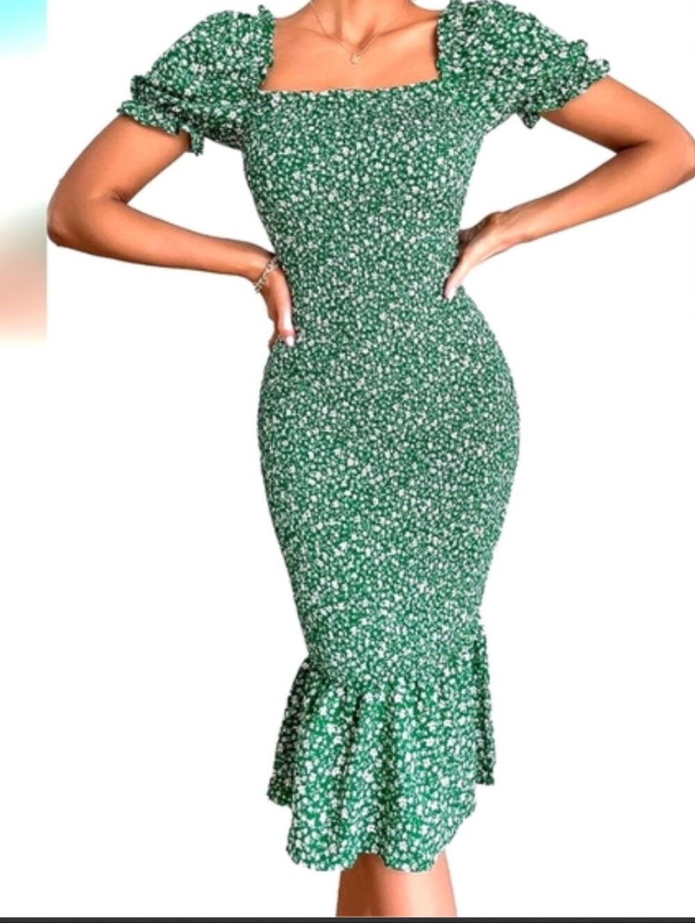 PRETTY GARDEN Green Floral Puff-Sleeve Smocked Midi Dress Sz M